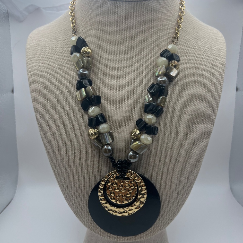 Julia B Statement Necklace Black Gold Tone Hammered Rings Beaded Multi Strand